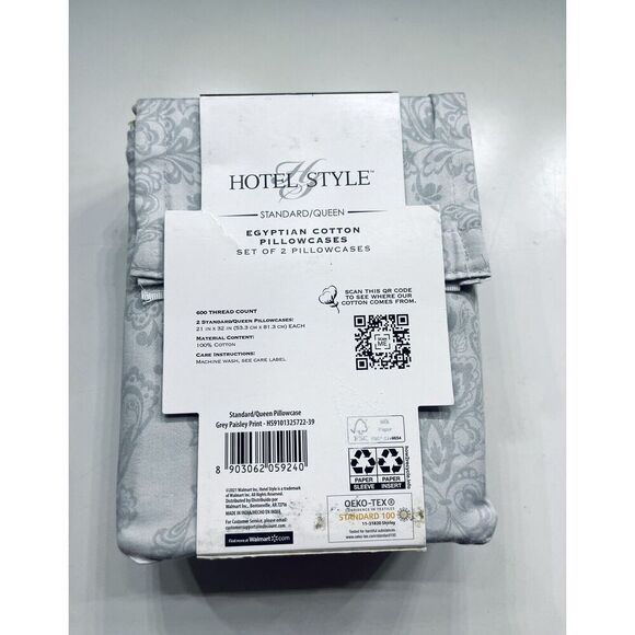 Hotel Style 600 Thread Count Cotton Pillowcases, Standard Queen - Grey Paisley - Picture 2 of 2